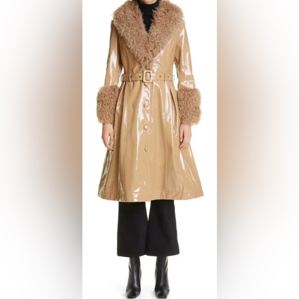 Saks Potts Tan Patent Lamb Leather Coat w/Shearling Collar & Cuffs, Size 2/M